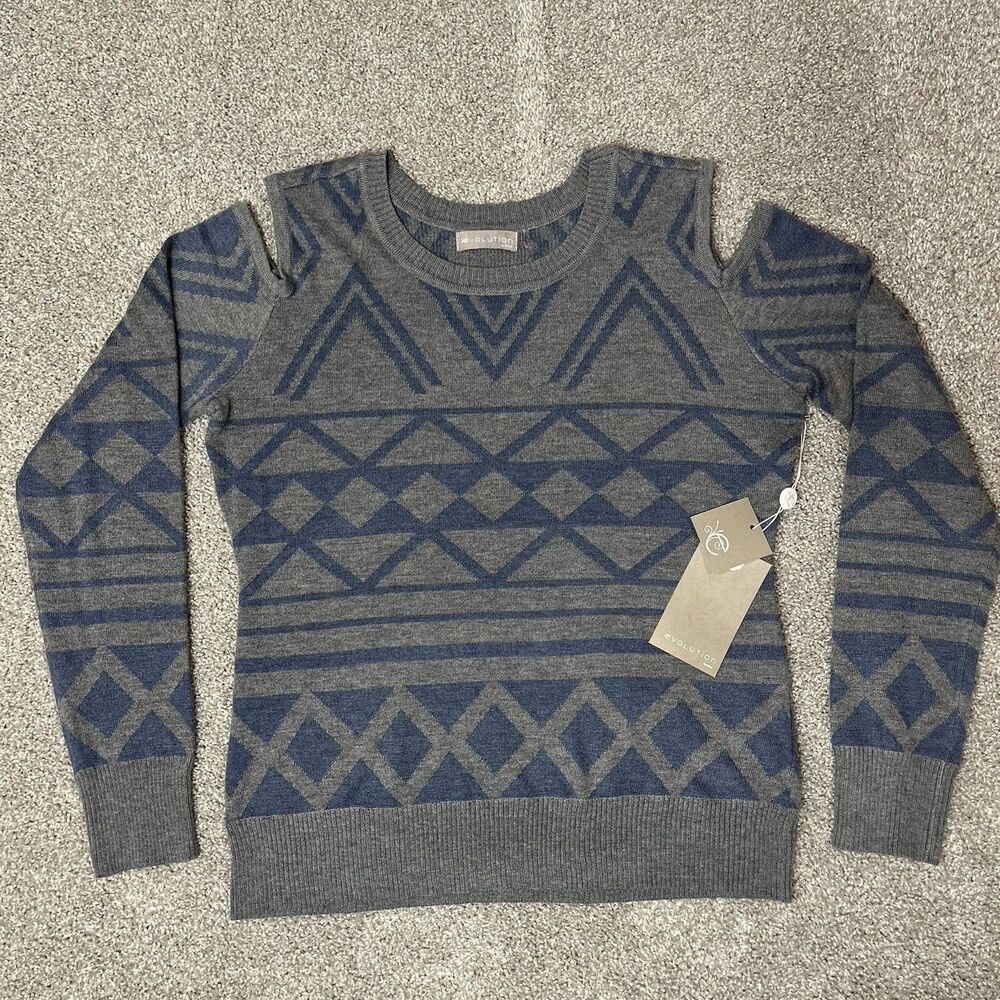 Evolution by Cyrus Sweater Medium Grey Navy Geometric Y2K Cold Shoulder Crew